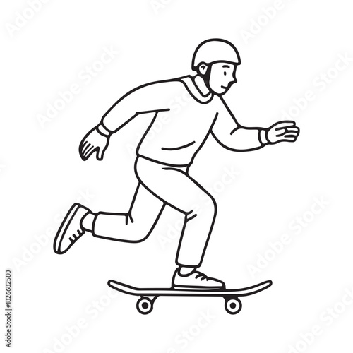 Skater dude rocking a helmet and catching some air on his skateboard, simple black and white design for youthful energy or urban vibes
