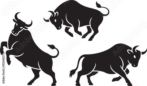 Bull set. Stylized silhouettes of standing in different poses and butting up bulls. Isolated on white background. Bull logo designs set. Vector illustration