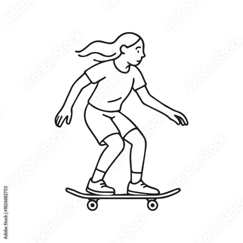 Girl riding skateboard with carefree style, perfect for active lifestyle brands, youth marketing, and summer fun campaigns featuring skateboarding