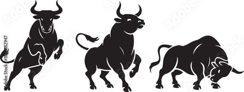 Bull set. Stylized silhouettes of standing in different poses and butting up bulls. Isolated on white background. Bull logo designs set. Vector illustration
