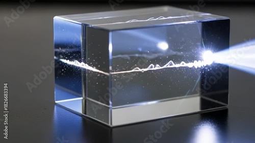 Witness laser light dynamically piercing through a clear cube, revealing stunning reflections and refractions in a mesmerizing display of modern optical science and artistic expression