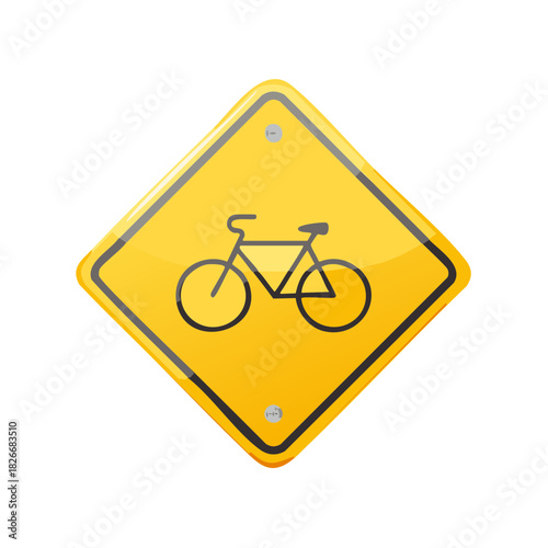 Yellow Diamond Bicycle Warning Road Sign Icon Symbolizing Cycling Safety and Traffic Caution