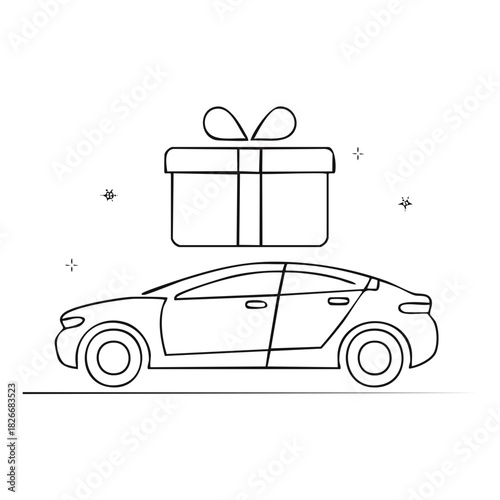 Car Gift Concept with Gift Box Above in Line Art Style, Automotive Present Celebration