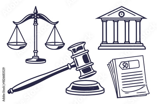 Justice and Law Symbols Gavel Scales of Justice Court Building and Documents legal
