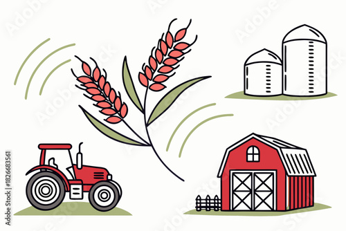 Farm Elements Tractor Barn Wheat Stalks and Silos with Green and Red Tones farming