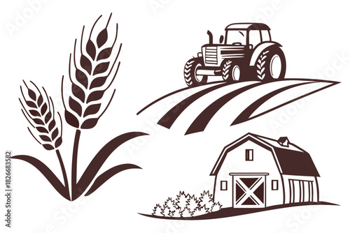 Dark Brown Silhouette of Farm Elements Tractor Barn and Wheat Stalks farming agriculture