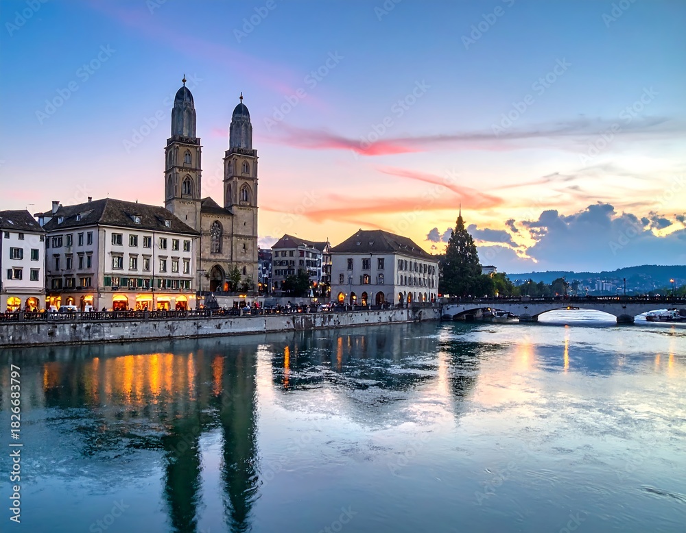 Fototapeta premium Twilight city view reflects in calm water, buildings with towers are near a bridge and lights
