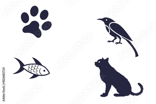 Dark Blue Silhouette Icons of Cat Paw Fish Bird and Perched Bird cat paw print fish silhouette