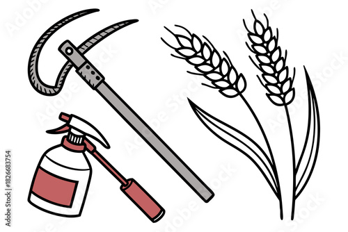 Hand- Drawn Icons of Sprayer Sickle and Wheat Stalks spray bottle hand-drawn icons