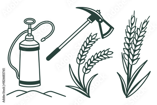 Green Outline Icons of Sprayer Hoe and Wheat Stalks garden sprayer agriculture icons