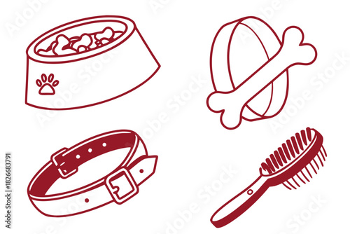 Red Outline Icons of Dog Accessories and Food Bowl on White dog food