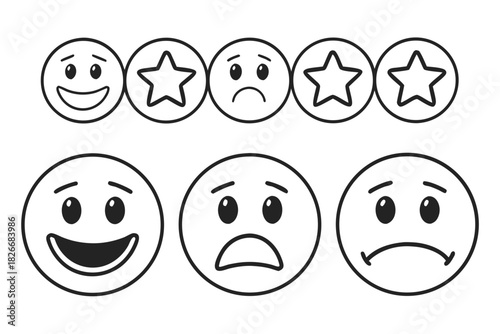 Collection of cartoon faces and stars representing different emotions and ratings Keywords: emotion
