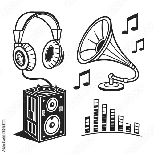 Vintage Music Equipment Icons Turntable Headphones Speaker Notes retro gramophone
