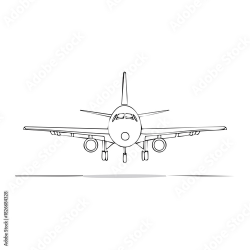 Outline Illustration of a Commercial Airplane Ready for Takeoff Viewed From Front Position