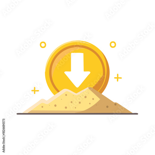Golden coin with downward arrow sinking into a sand pile illustrating financial decline