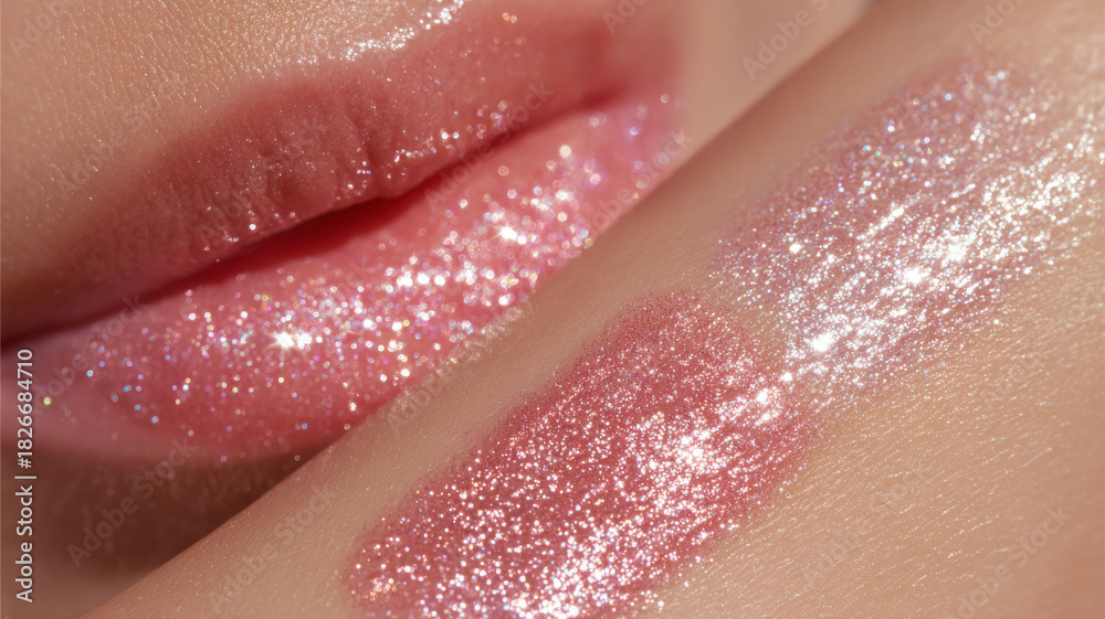 Fototapeta premium Shimmering pink lip balm swatches on smooth skin with sparkling glitter creating glossy and radiant effect