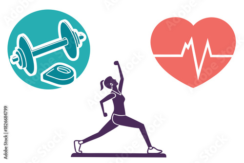 Woman exercising with dumbbell and heart rate icon with scale and dumbbell fitness