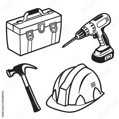 Toolbox Hammer Drill and Hard Hat Construction Tools on White Background vector illustration