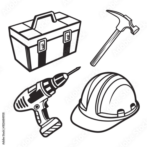 Construction Tools And Safety Helmet With Toolbox And Drill hammer hard hat