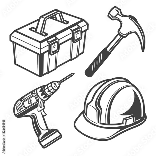 Construction Tools And Safety Helmet With Toolbox And Drill hammer hard hat