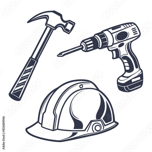 Construction Tools Hammer Drill and Hard Hat on White Background vector illustration