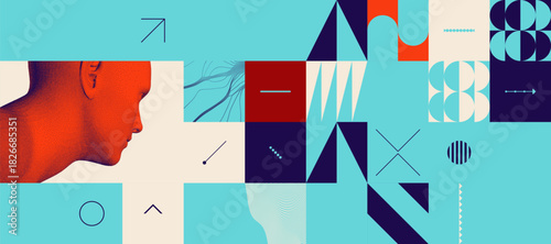 Digital human head. Geometrical pattern. Mosaic. Cover design template. Vector for presentation, placard, banner, poster, brochure or notebook.