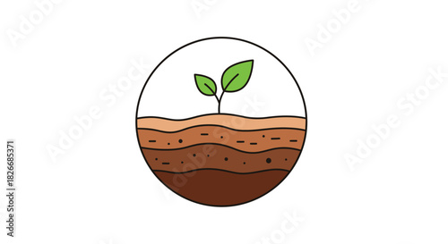 Flat illustration of a seedling growing in layered soil within a circle on a white background.