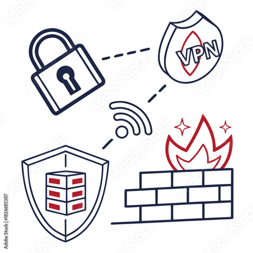 Digital Security Icons VPN Firewall Padlock and Network Shield vector illustration