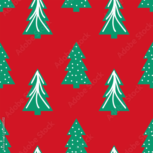 Seamless Christmas tree pattern in a flat minimalist style in green and red tones for a festive backdrop