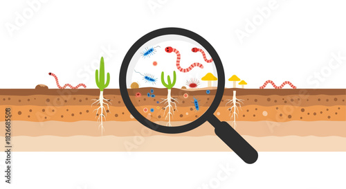 Flat lay illustration of a magnifying glass over soil with microorganisms and plant roots against a white background.