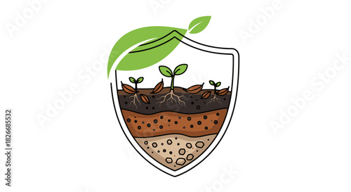 Illustration of a shield with soil layers and green seedlings growing inside, with a leaf on top, against a clean white background.