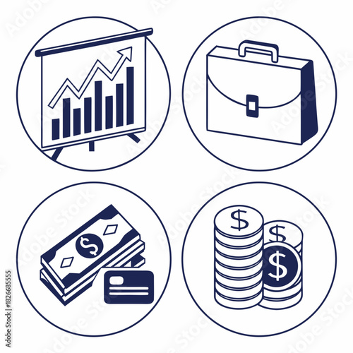 Business finance icons including chart briefcase money and card growth graph
