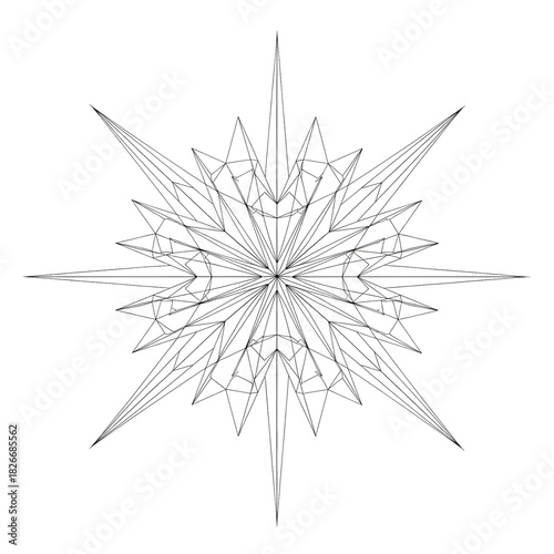 Complex geometric star design with sharp points and intricate lines, forming an abstract decorative pattern, isolated on transparent background