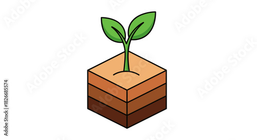 Illustration of a young plant growing in a cross-section of soil layers on a white background with a flat design style and earthy tones.