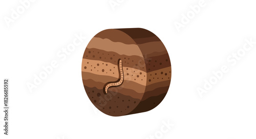 Illustration of a worm in a cross-section of soil with different layers on a white background.