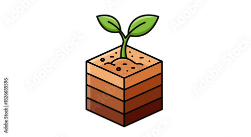 Flat illustration of a young plant growing in a cube-shaped soil block with green leaves on a white background.