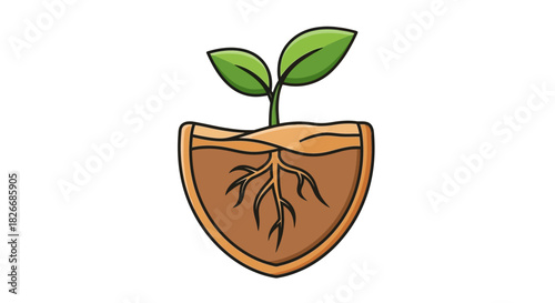 Illustration of a green plant growing in a cross-section of brown soil with roots visible.