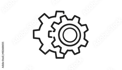 Two interlocking cog wheels, a black outline against a white background. Simplistic, geometric illustration