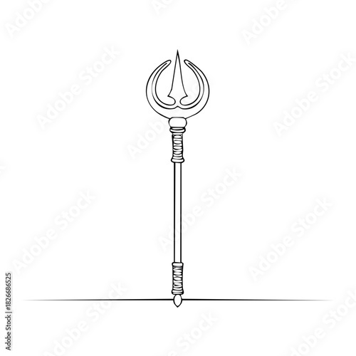 A minimalist one line art drawing of a mythological trident the powerful magical weapon and scepter of a sea god