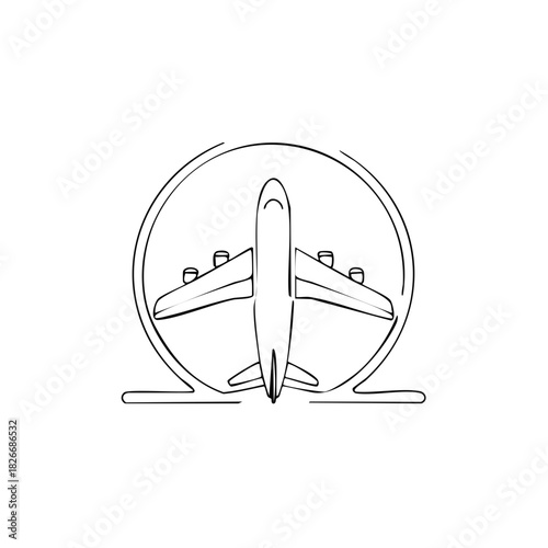 Minimalist black and white line art illustration of a commercial airplane inside a stylized circular frame