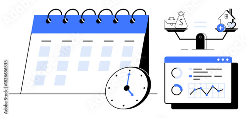 Time management concept. Time management with a calendar, clock, financial data, and balanced scales. Time management helps coordinate tasks, finances, and productivity. For business lifestyle