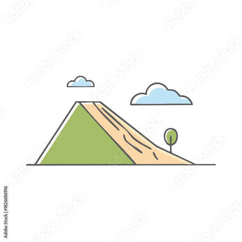 Simple illustration of a green hill with a dirt path leading up and a lone tree under cloudy skies