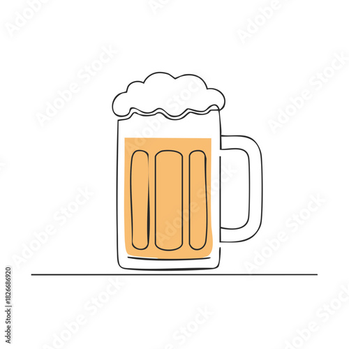 Drawn Beer Glass with Foam Simple One Line Design Oktoberfest Celebration