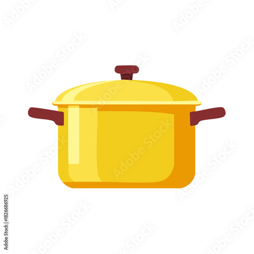 Cartoon Vector Illustration of Golden Yellow Cooking Pot with Lid and Handles
