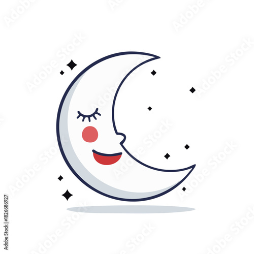 Cute Crescent Moon With Closed Eyes And Smiling Face Among Stars