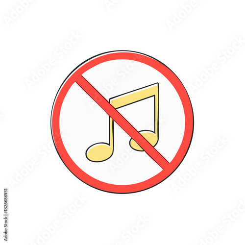 No music allowed sign icon with musical notes in a red circle prohibition symbol illustration