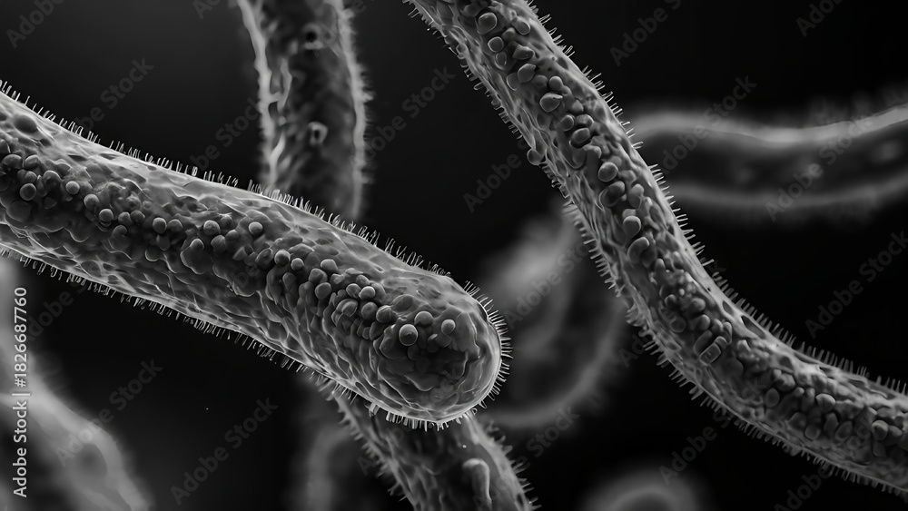 Naklejka premium Scanning Electron Micrograph Style 3D Render of Piliated Bacteria