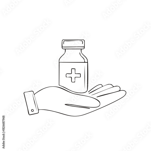 Medical help concept. Hand holding bottle with cross symbol