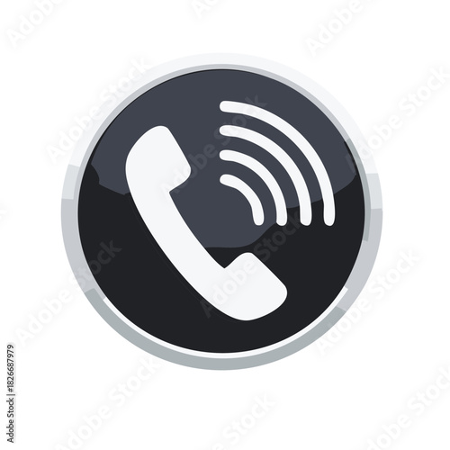 Shiny Phone Icon on Dark Round Plate Depicting Connection with White Telephone Handset Shape