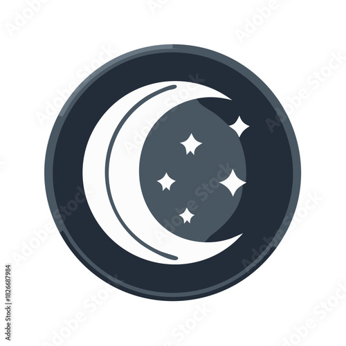 Stylized crescent moon and stars icon set within a dark circle